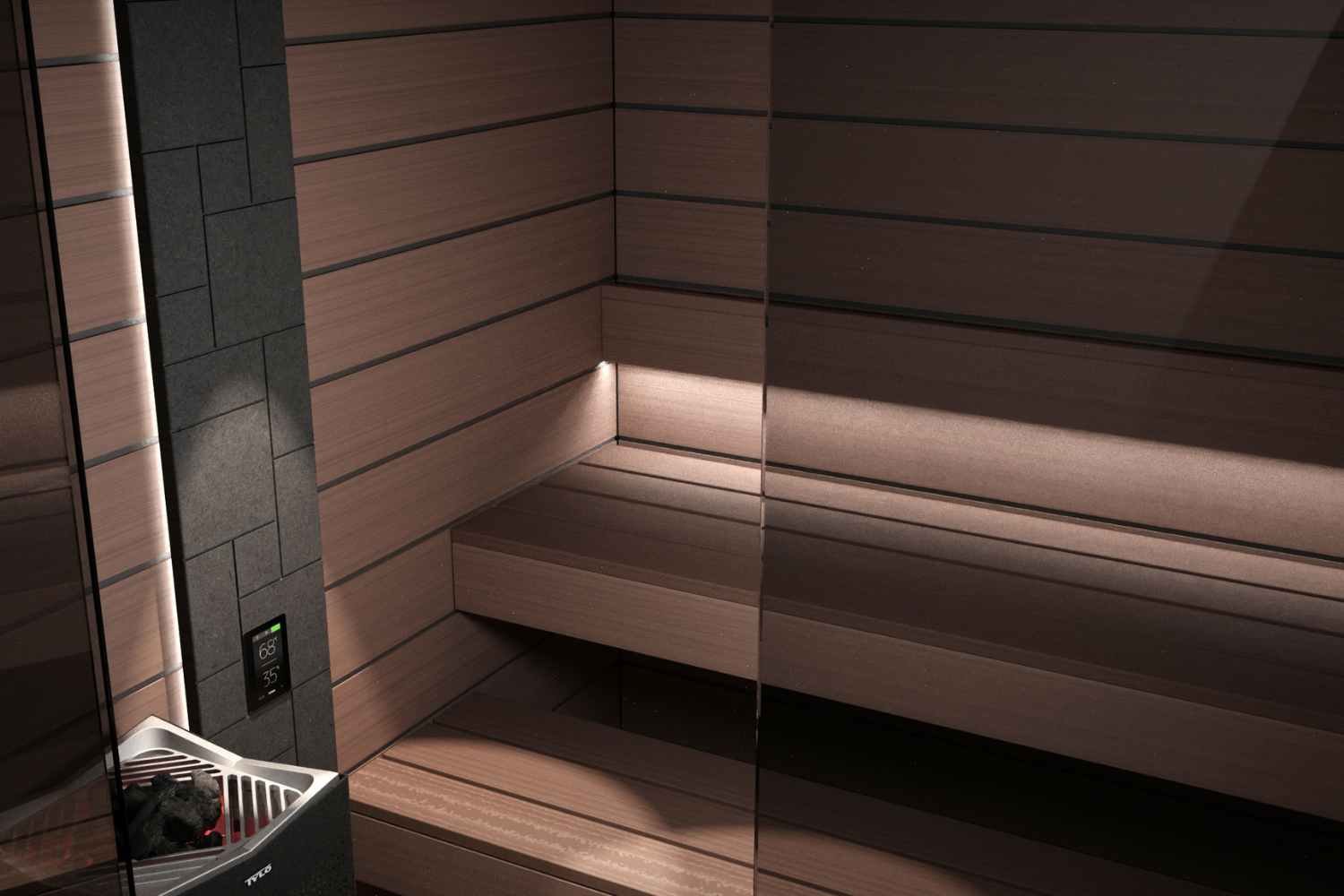 Wide Sauna Panels in Reflection from Tylö